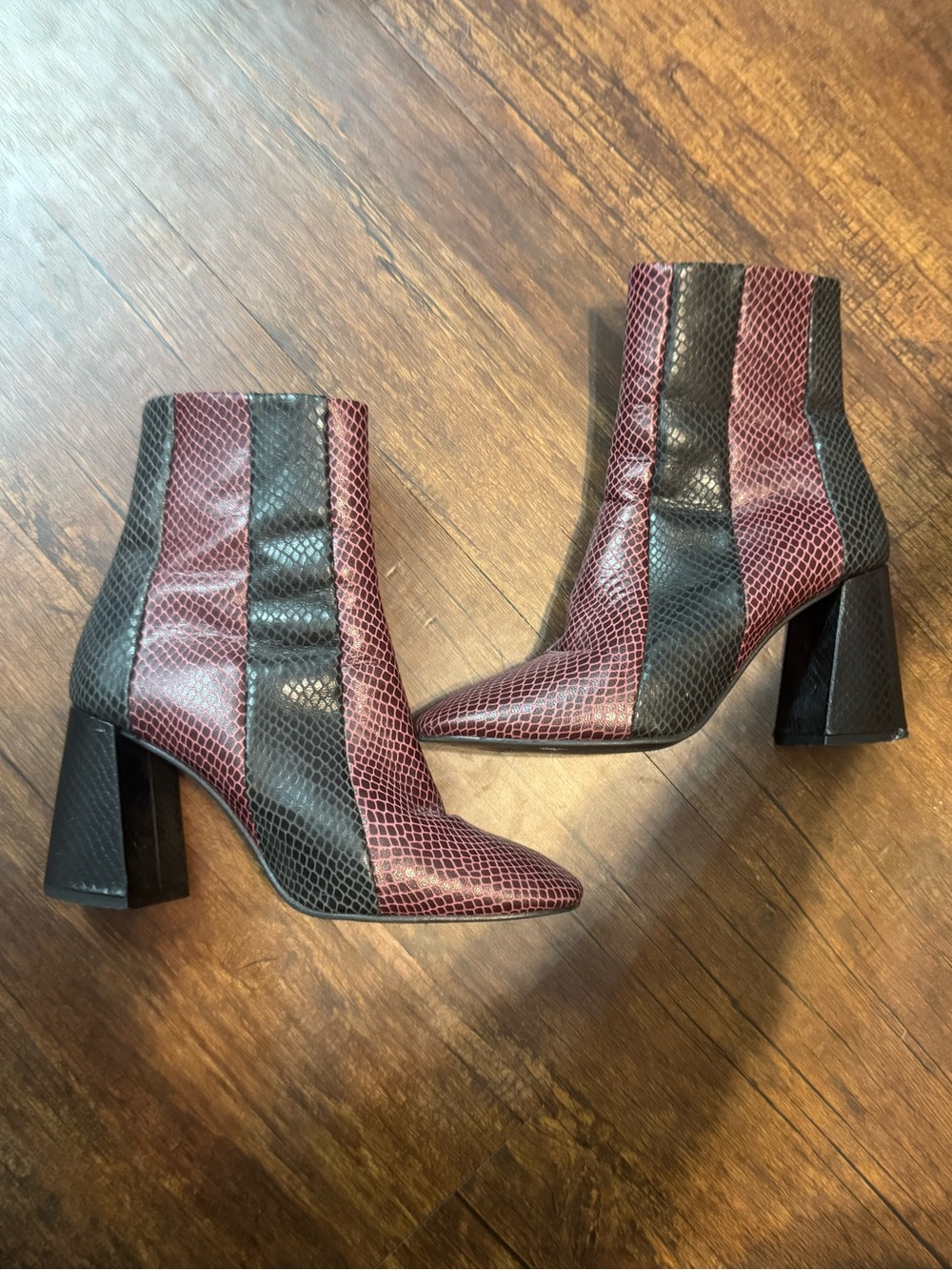 Crosswalk Women’s Burgundy and Black Snake-Embossed Block Heel Ankle Boots